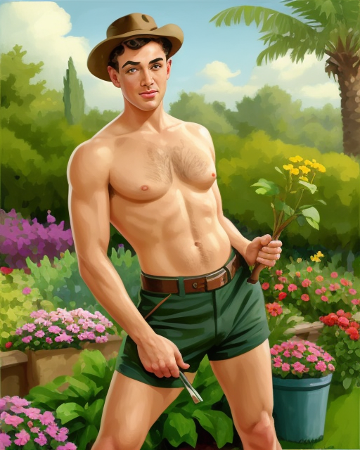 A shirtless gardener